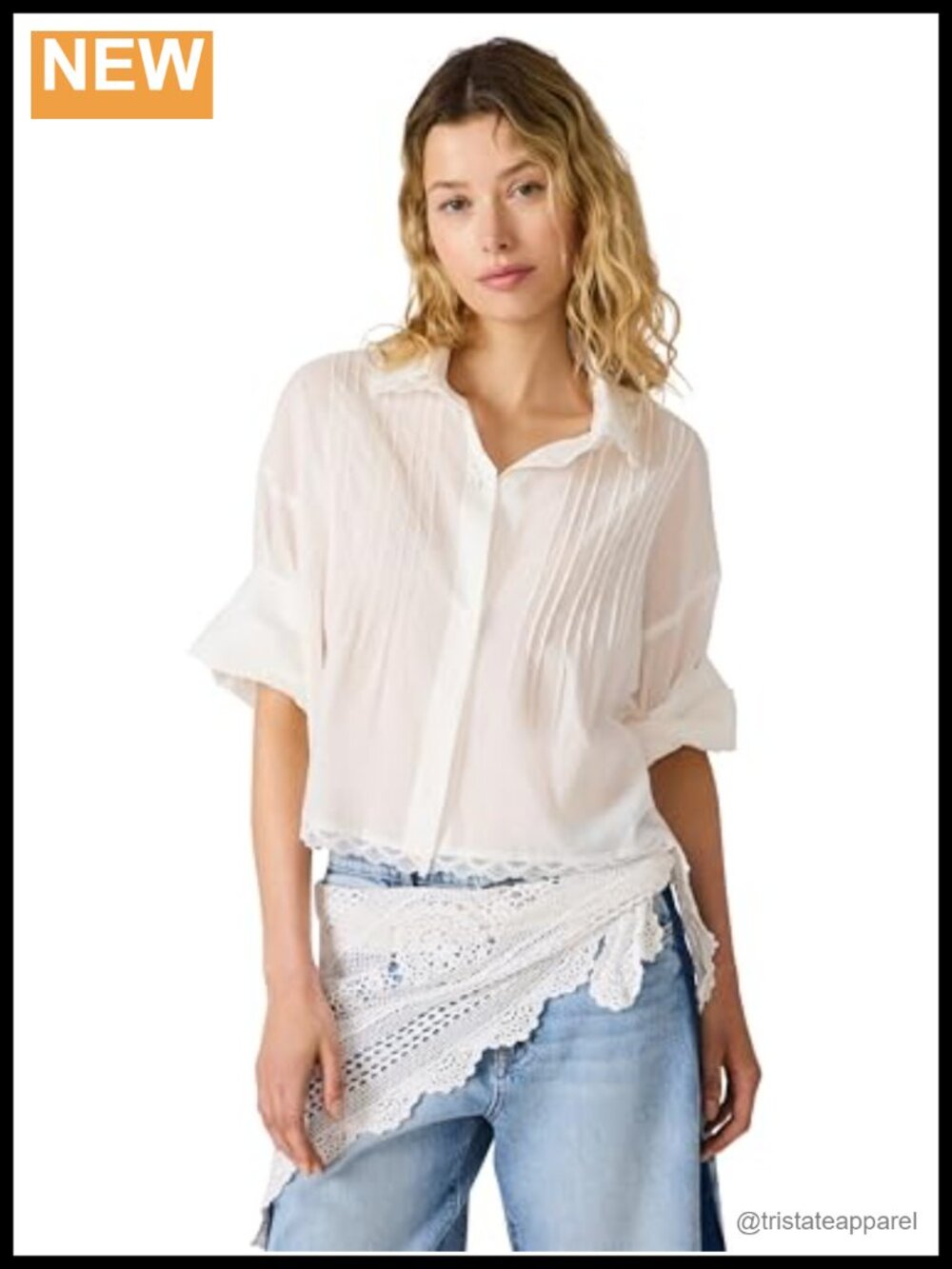 Steve Madden Women's Cotton Button Down Blouse 3/4 Sleeve Collared Neck